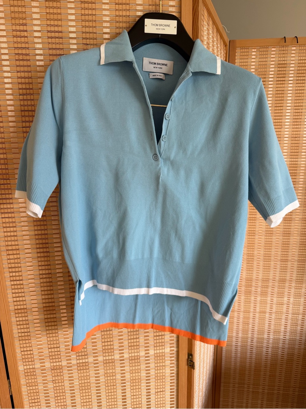 Thom Browne knit jersey Polo 👕 Light Blue White Trim 3/4 button down